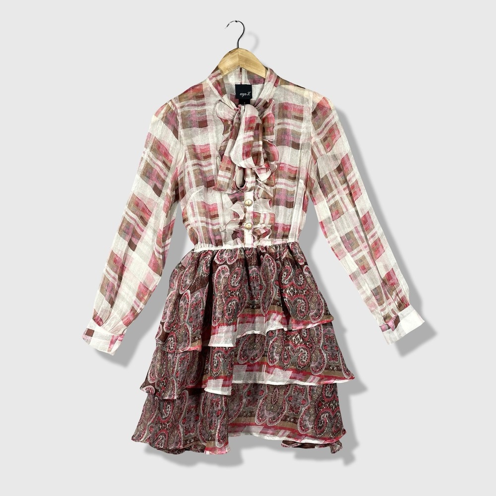 Aryn K Plaid Paisley Mini Dress Womens Small Pink Mixed Print‎ Boho Ruffle Bow